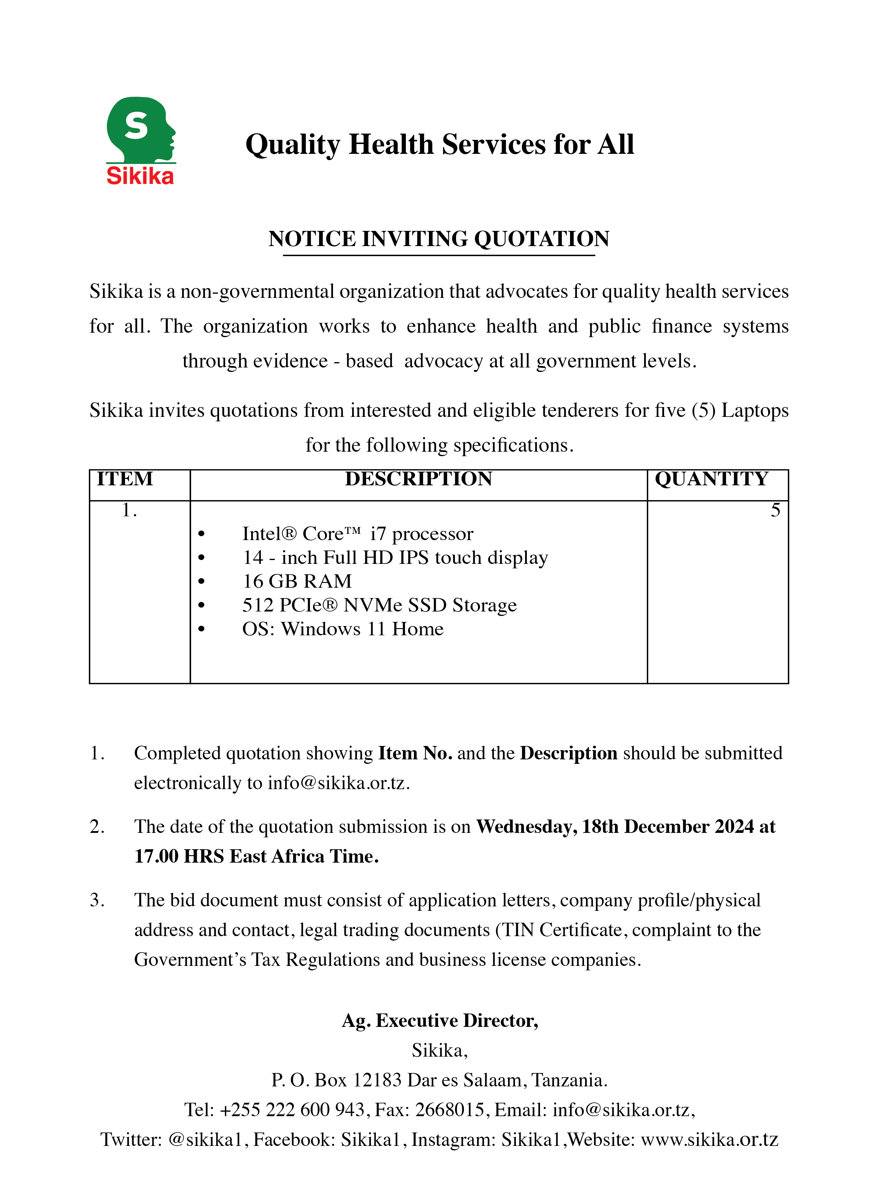 New Tender Opportunities- Notice Inviting Quotation