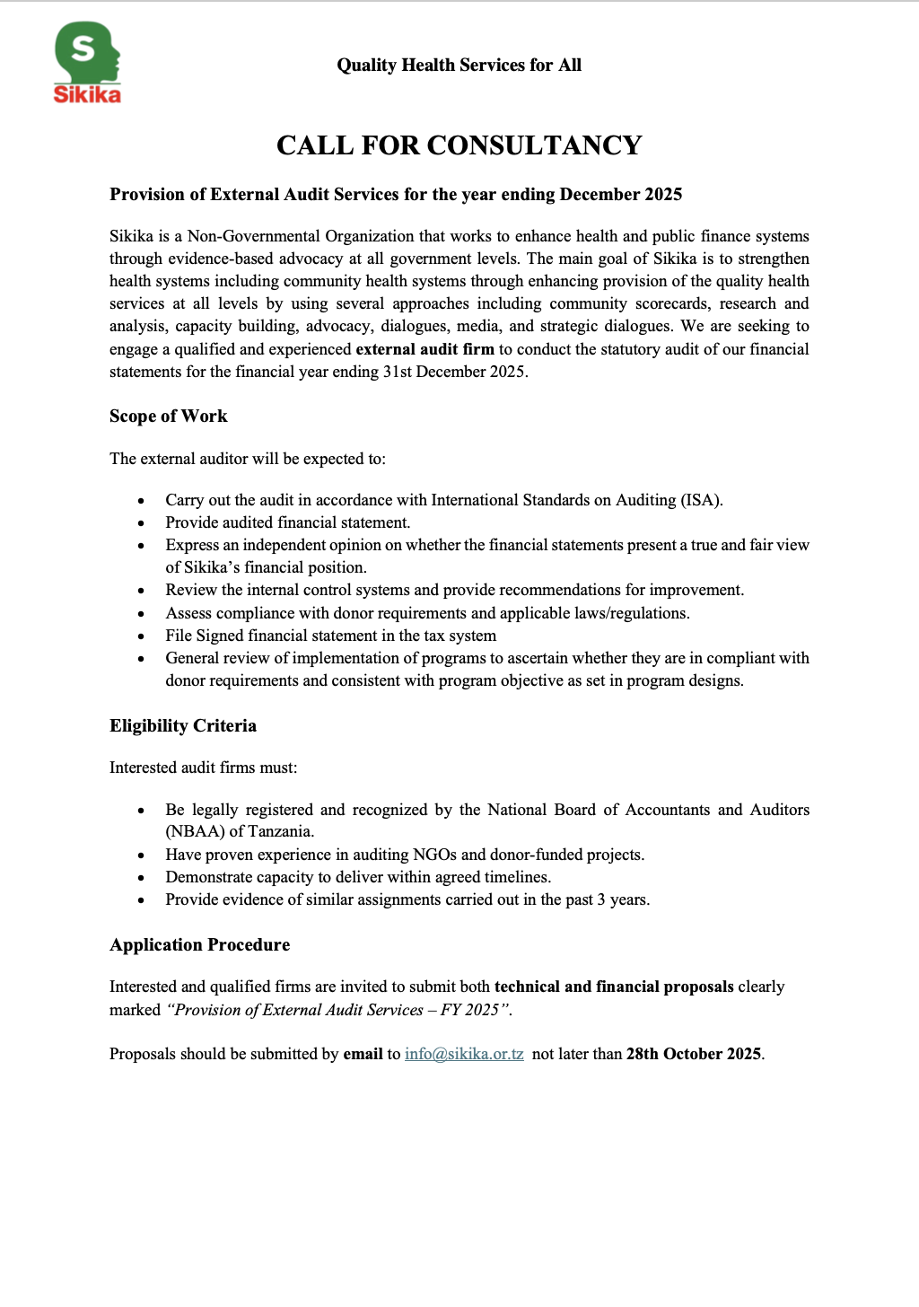 CALL FOR CONSULTANCY: Provision of External Audit Services for the year ending December 2025