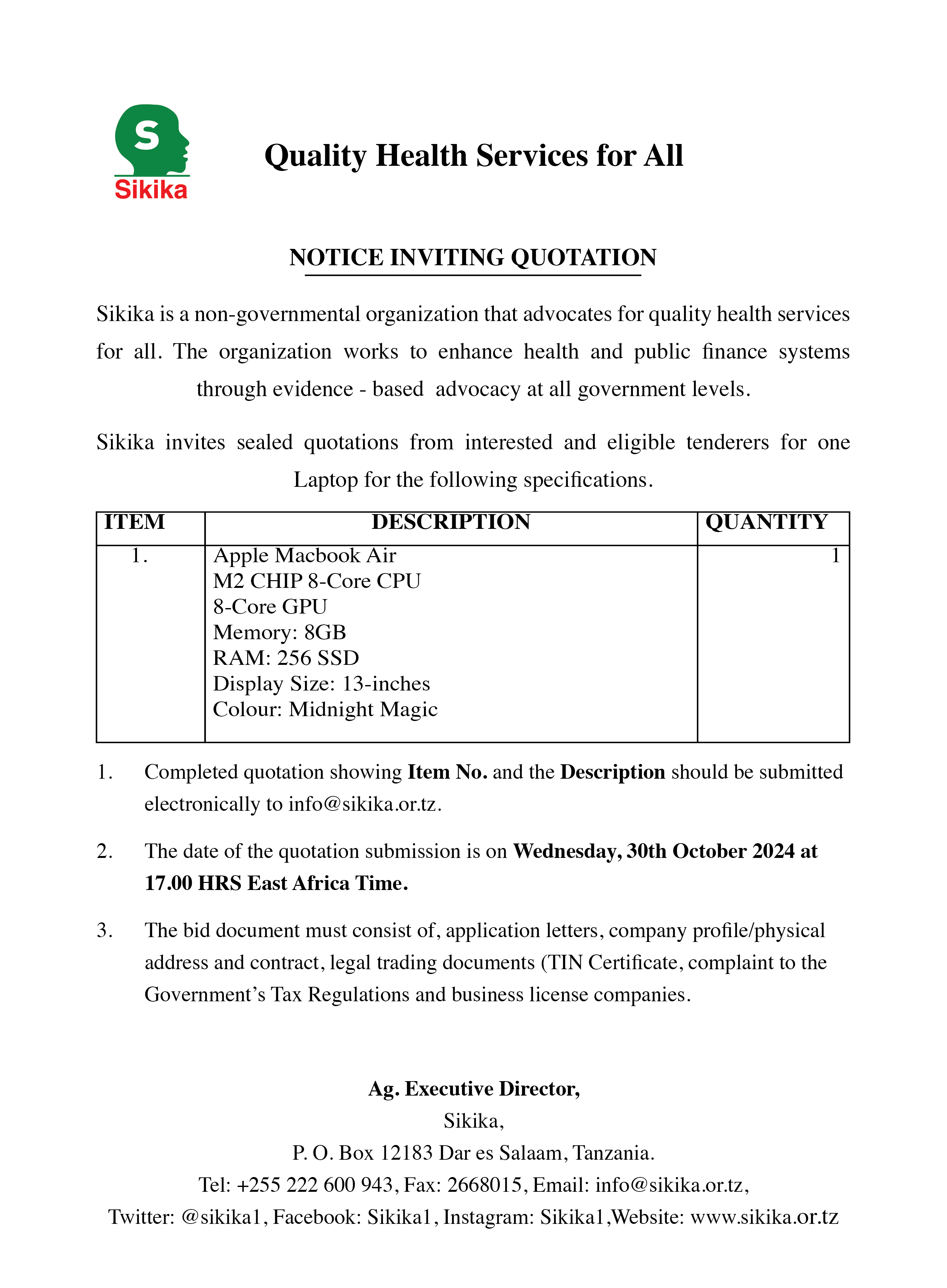 New Tender Opportunities- Notice Inviting Quotation 2024